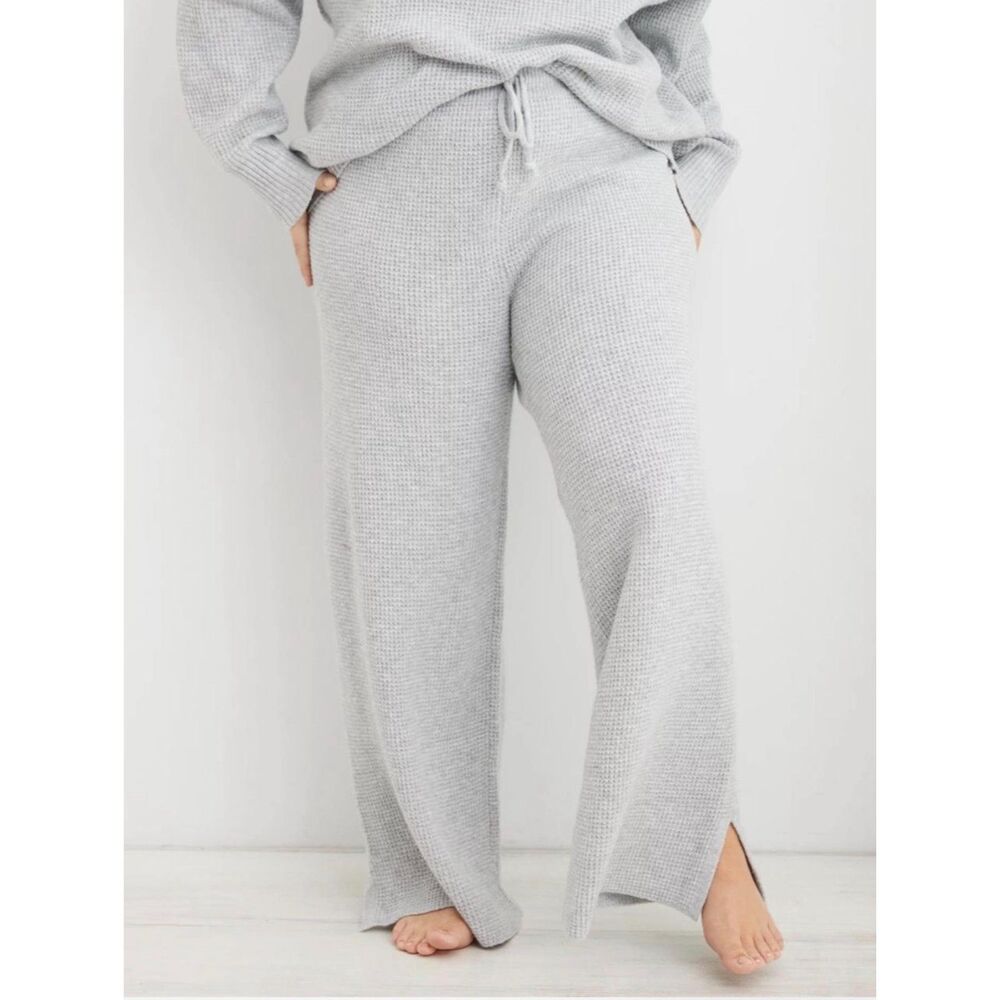 Aerie Gray Waffle Knit CozyUp Skater Wide Leg Lounge Pants Size Small EUC